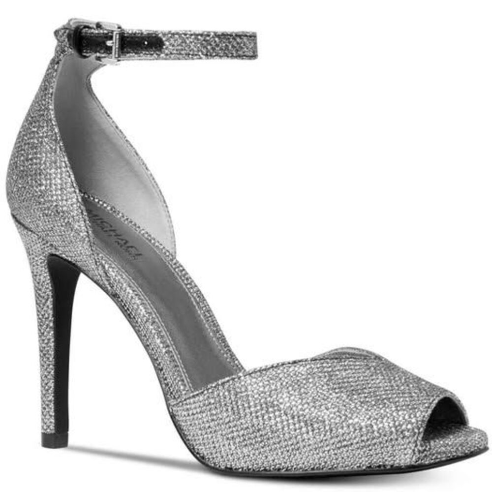 MICHAEL KORS CAMBRIA GLITTER SILVER METALLIC ANKLE STRAP SANDALS 5M
